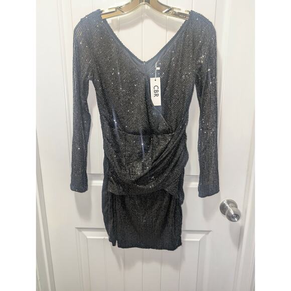 NEW! CBR SEQUIN BLACK DRAPPED MID DRESS V NECK LONG SLEEVE PARTY DRESS SIZE S - Picture 5 of 11